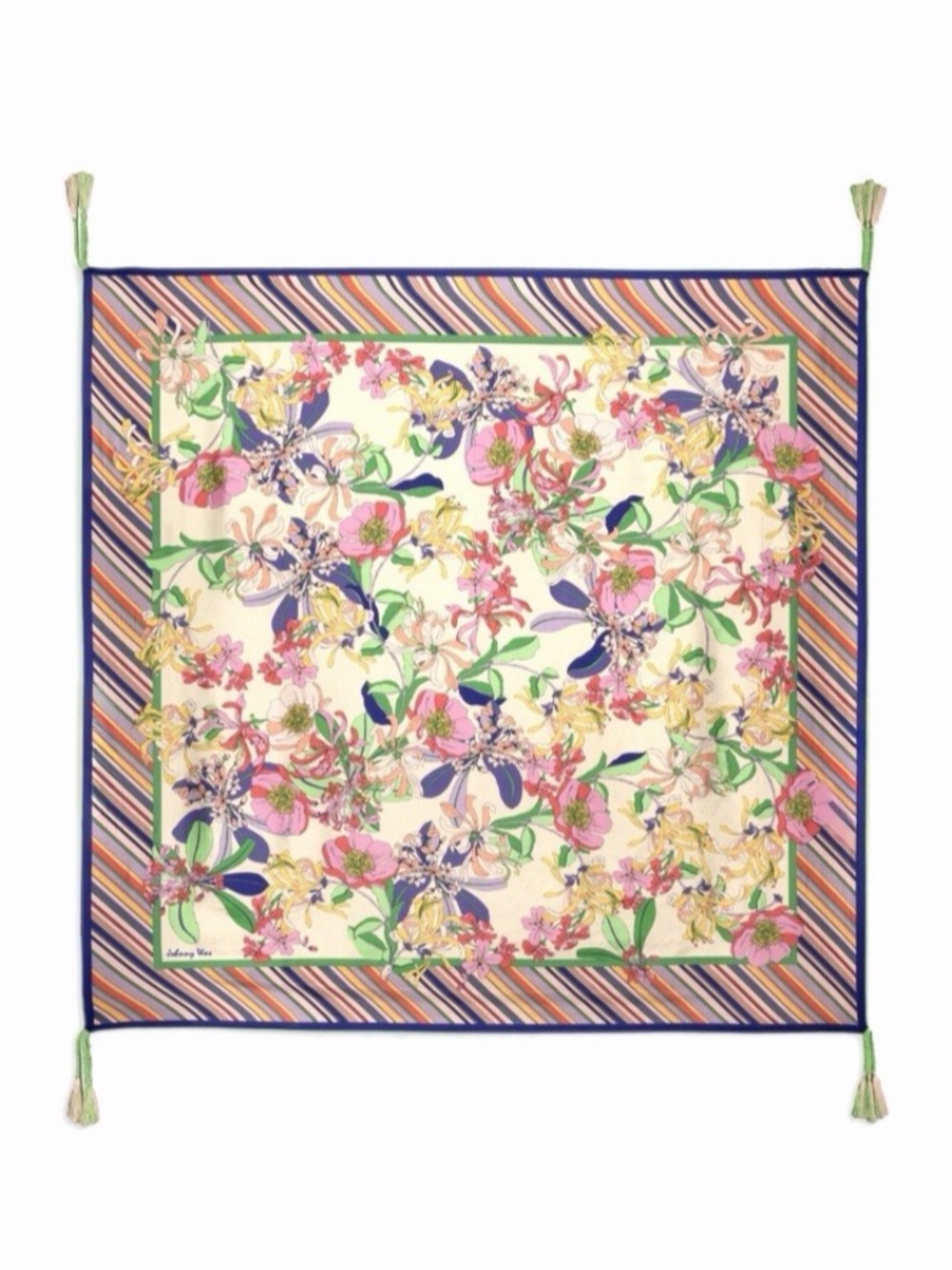 NWT Johnny Was Aldrich Silk Scarf Floral Stripe Tassel 44x44 Multicolor Square